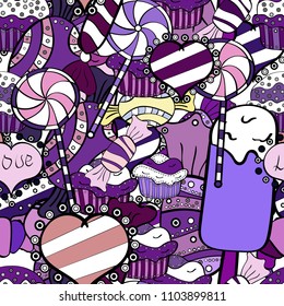 White, violet and black version. Isolated. Cute and colorful candy sweet seamless pattern on white, violet and black background. Vector illustration.