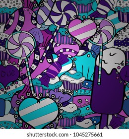 White, violet and blue version. Cute and colorful candy sweet seamless pattern on white, violet and blue background. Isolated. Vector illustration.
