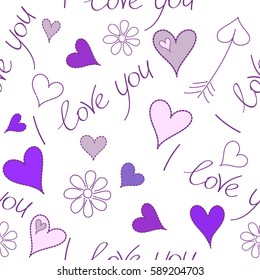 White and violet hearts, I love you text, flower seamless pattern.