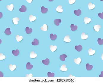 White and violet hearts on a light blue background valentine love seamless pattern bacground. Vector illustraton.