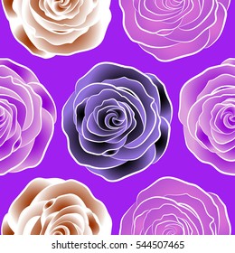 White, violet and neutral roses. Vector floral seamless pattern.