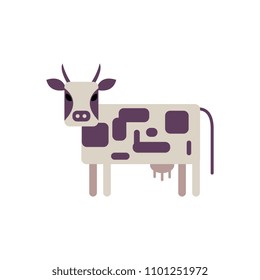 White and violet spotted cow in flat style isolated on white background - cute standing farm cattle domestic animal, side view. Milk livestock in colorful vector illustration.