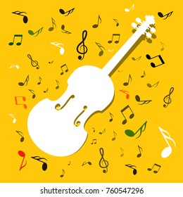 White Violins with Notes on Yellow Background. Vector Music Background.