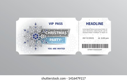 White VIP admission ticket template with snowflake for Christmas party.