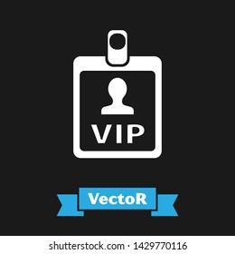White VIP badge icon isolated on black background.  Vector Illustration