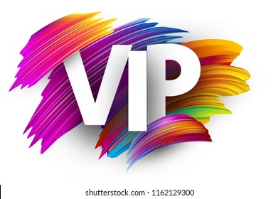 White vip sign with spectrum brush strokes on white background. Colorful gradient brush design. Label or invitation template. Vector paper illustration.
