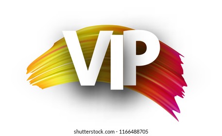 White vip sign with spectrum brush stroke on white background. Colorful gradient brush design. Label or invitation template. Vector paper illustration.
