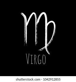 White Virgo horoscope icon, hand painted zodiac vector sign. Astrological icon isolated. Virgo astrology horoscope symbol clip art on black background.