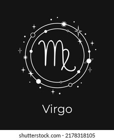White Virgo sign with planets and stars on a black background