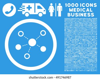 White Virtual Links vector rounded icon. Image style is a flat icon symbol inside a circle, blue background. Bonus set contains 1000 medicine business pictograms.