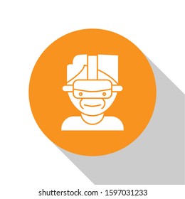 White Virtual reality glasses icon isolated on white background. Stereoscopic 3d vr mask. Orange circle button. Vector Illustration