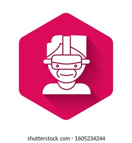 White Virtual reality glasses icon isolated with long shadow. Stereoscopic 3d vr mask. Pink hexagon button. Vector Illustration