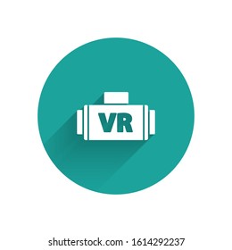 White Virtual reality glasses icon isolated with long shadow. Stereoscopic 3d vr mask. Green circle button. Vector Illustration