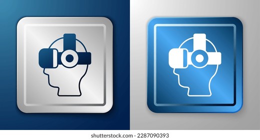 White Virtual reality glasses icon isolated on blue and grey background. Stereoscopic 3d vr mask. Optical head mounted display. Silver and blue square button. Vector