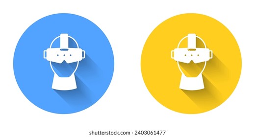 White Virtual reality glasses icon isolated with long shadow background. Stereoscopic 3d vr mask. Optical head mounted display. Circle button. Vector