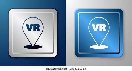 White Virtual reality icon isolated on blue and grey background. Futuristic VR head-up display design. Silver and blue square button. Vector