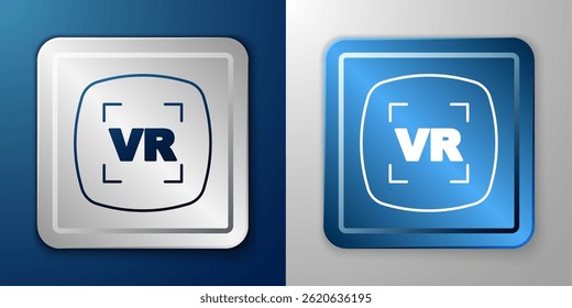 White Virtual reality icon isolated on blue and grey background. Futuristic VR head-up display design. Silver and blue square button. Vector