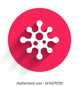 White Virus icon isolated with long shadow. Corona virus 2019-nCoV. Bacteria and germs, cell cancer, microbe, fungi. Red circle button. Vector Illustration