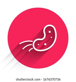 Das Symbol des weißen Virus einzeln auf langen Schatten. Corona-Virus 2019-nCoV. Bakterien und Keime, Zellkrebs, Mikrobe, Pilze. Roter Kreis-Knopf. Vektorillustration-Illustration
