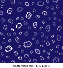 White Virus icon isolated seamless pattern on blue background. Corona virus 2019-nCoV. Bacteria and germs, cell cancer, microbe, fungi.  Vector Illustration