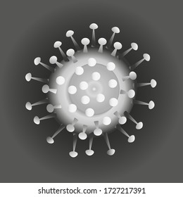 weißes Virus auf dunklem Hintergrund, Coronavirus unter dem Mikroskop