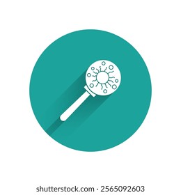 White Virus under magnifying glass icon isolated with long shadow. Corona virus 2019-nCoV. Bacteria and germs, microbe, fungi. Green circle button. Vector Illustration