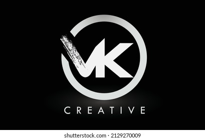 White VK Brush Letter Logo Design with Black Circle. Creative Brushed Letters Icon Logo.