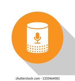 White Voice assistant icon isolated on white background. Voice control user interface smart speaker. Orange circle button. Flat design. Vector Illustration