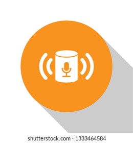White Voice assistant icon isolated on white background. Voice control user interface smart speaker. Orange circle button. Flat design. Vector Illustration