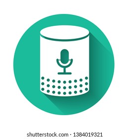 White Voice assistant icon isolated with long shadow. Voice control user interface smart speaker. Green circle button. Vector Illustration