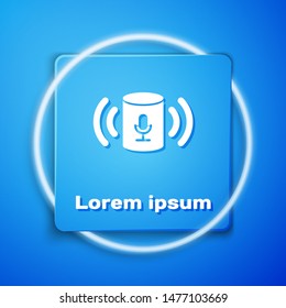 White Voice assistant icon isolated on blue background. Voice control user interface smart speaker. Blue square button. Vector Illustration