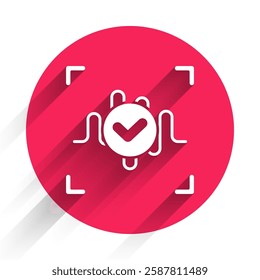 White Voice recognition icon isolated with long shadow. Voice biometric access authentication for personal identity recognition. Cyber security. Red circle button. Vector