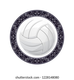 White volleyball symbol with circle florasl frame isolated on white background