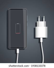 white voltage charger and usb cable with smartphone on dark background. low charge battery sign on display smartphone. vector illustration