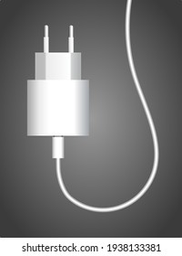 White Voltage Charger With Usb Cable For Phone And Gadgets Charge On Dark Background. Vector Illustration