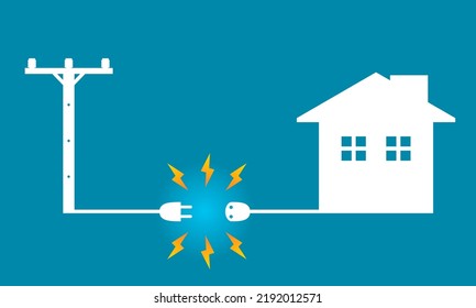 White Voltage Power Electric Pole To Transmit Electricity To House Or Home Power Failure Outage Plug And Socket Unplug On Blue Background Icon Flat Vector Design.