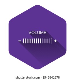 White Volume adjustment icon isolated with long shadow. Purple hexagon button. Vector Illustration