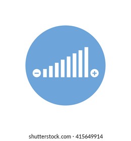 White volume adjustment vector icon. Blue circle. Blue button