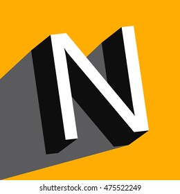 White volume letter "N" with a shadow on a yellow background. Vector illustration