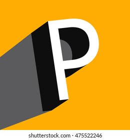 White volume letter "P" with a shadow on a yellow background. Vector illustration