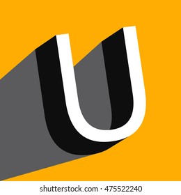 White volume letter "U" with a shadow on a yellow background. Vector illustration