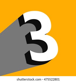 White volume number "3" with a shadow on a yellow background. Vector illustration