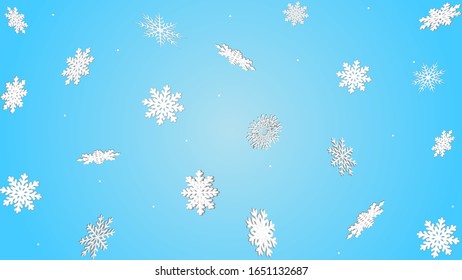 White volumetric snowflakes on a blue background.