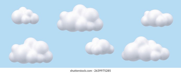 White voluminous 3d cloud vector render cartoon set in light blue sky for weather forecast or children story illustration.
