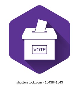 White Vote box or ballot box with envelope icon isolated with long shadow. Purple hexagon button. Vector Illustration