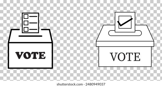Papel de votación blanco con marca de verificación aprobada en la urna. Icono de estilo de línea. icono de voto de urna, signo lineal de votación sobre fondo transparente. Ilustración vectorial. Archivo Eps 24.