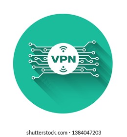 White VPN in circle with microchip circuit icon isolated with long shadow. Green circle button. Vector Illustration