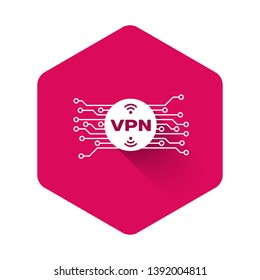 White VPN in circle with microchip circuit icon isolated with long shadow. Pink hexagon button. Vector Illustration