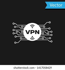 White VPN in circle with microchip circuit icon isolated on black background. Vector Illustration