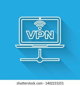 White VPN Computer network line icon isolated with long shadow. Laptop network. Internet connection. Vector Illustration